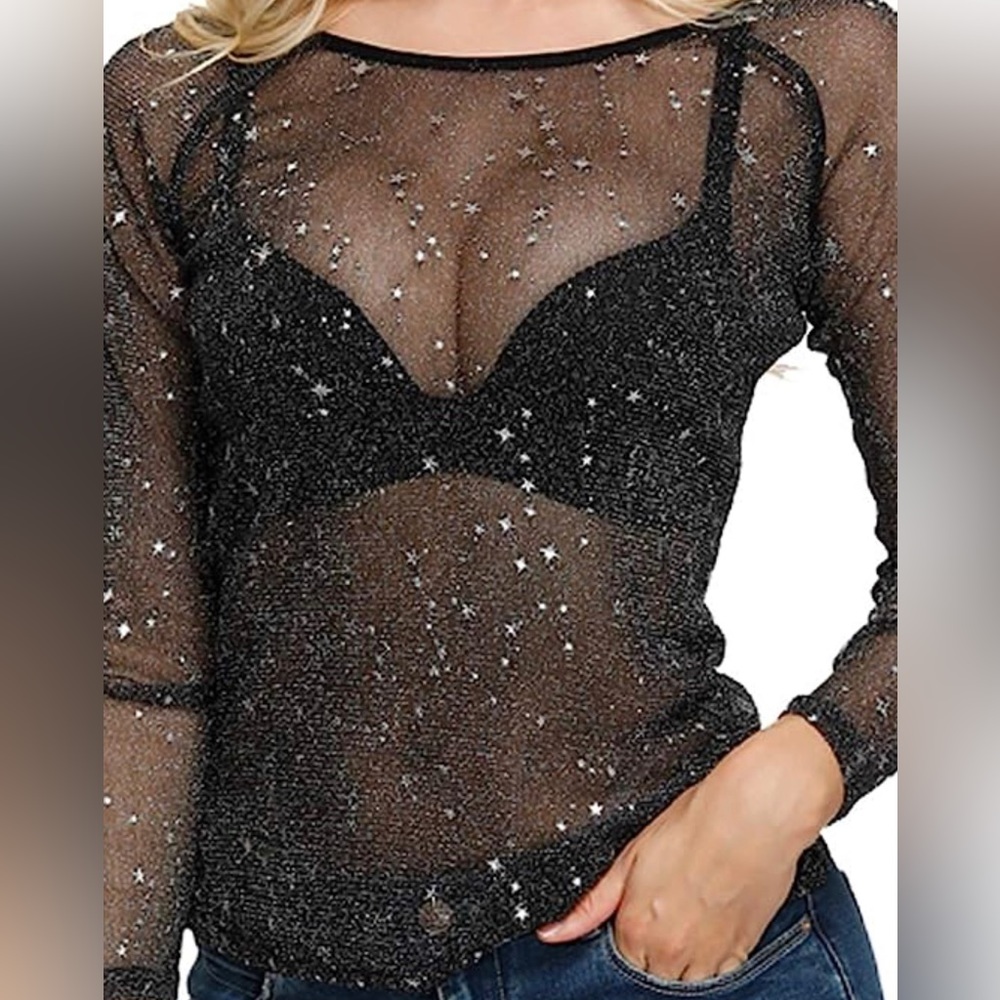 Sheer Mesh silver star witchy top